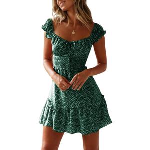 YOBECHO Womens Summer Ruffle Sleeve Sweetheart Neckline Printing Dress Mini Dresses (Small, Dark Green)