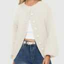 MEROKEETY Women's Fall Long Lantern Sleeve Cardigan Sweaters Casual Button Down Crewneck Open Front Coat (White, L)