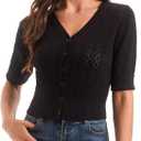 Women's Cotton Cropped Cardigan, Soft Short Sleeve V-Neck Casual Lightweight Cover Up Knit Sweater for Dresses (Black, XXXL)