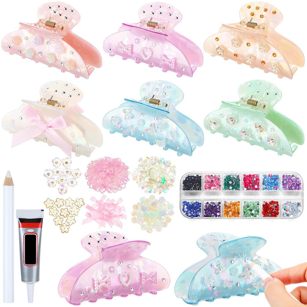 6 Set DIY Hair Claw Clips Kit Acrylic Claw Clip with Resin Rhinestones Pearls Hair Clips with Strong Hold Non-slip Banana Barrettes for Women Party Crafting Night DIY(Classic)
