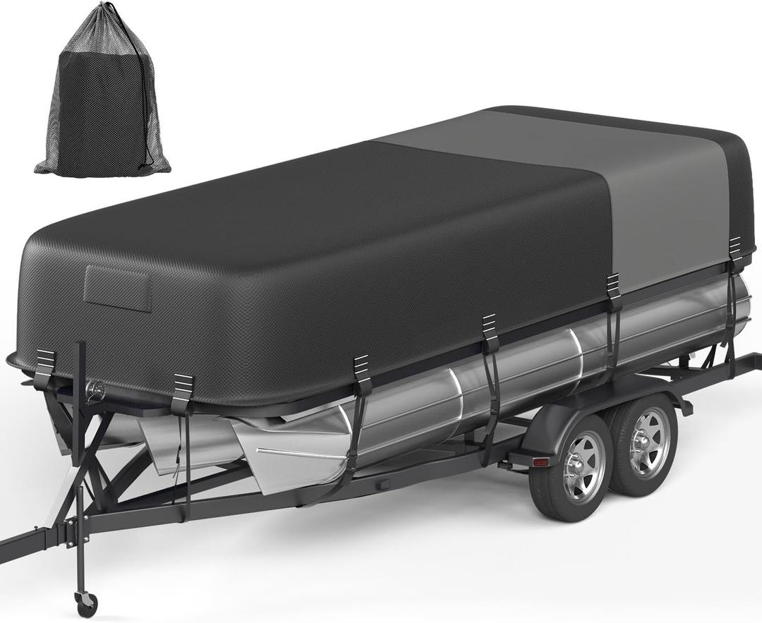 5-Ply 1600D+1200D Pontoon Boat Cover - Fully Waterproof & Ultra-Durable Tear-Resistant, with Large Storage Bag & Reinforced Windproof Straps (Fits 17'-20' Length, Up to 102" Beam Width) (Gray+Black)