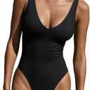 LASLULU Womens One Piece Swimsuit Padded Sexy V Neck Swim Suits Modest Tummy Control Bathing Suits (Black, M)
