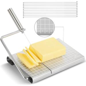 Stainless Steel Cheese Slicer with 10 Replacement Wires, Metal Cheese Cutter and Cutting Board - For Block Cheese