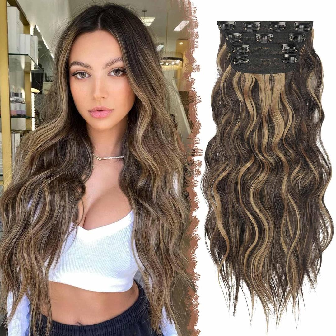 FESHFEN Clip in Hair Extensions - 4 PCS Long Wavy Clip in Hairpieces Full Head Synthetic Hair Extension for Women, 20 Inch Brown Highlighteded Caramel Blonde FESHFEN Clip in Hair Extensions - 4 PCS Long Wavy Clip in Hairpieces Full Head Synthetic Hair Extension for Women, 20 Inch Brown Highlighteded Caramel Blonde