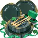 125PCS Green and Gold Plastic Plates - Fancy Green Disposable Plates - Vintage Plate with Gold Plastic Silverware Set for 25 Guests for Party Wedding St. Patrick's Day