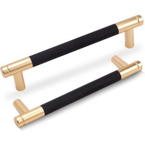 5 Pack Knurled Cabinet Pulls 3 Inch (76mm) Hole Center Kitchen Cabinet Handles Polished Gold & Matte Black for Drawer Dresser, Cupboard and Wardrobe Aluminum Hardware KL-MB76-5