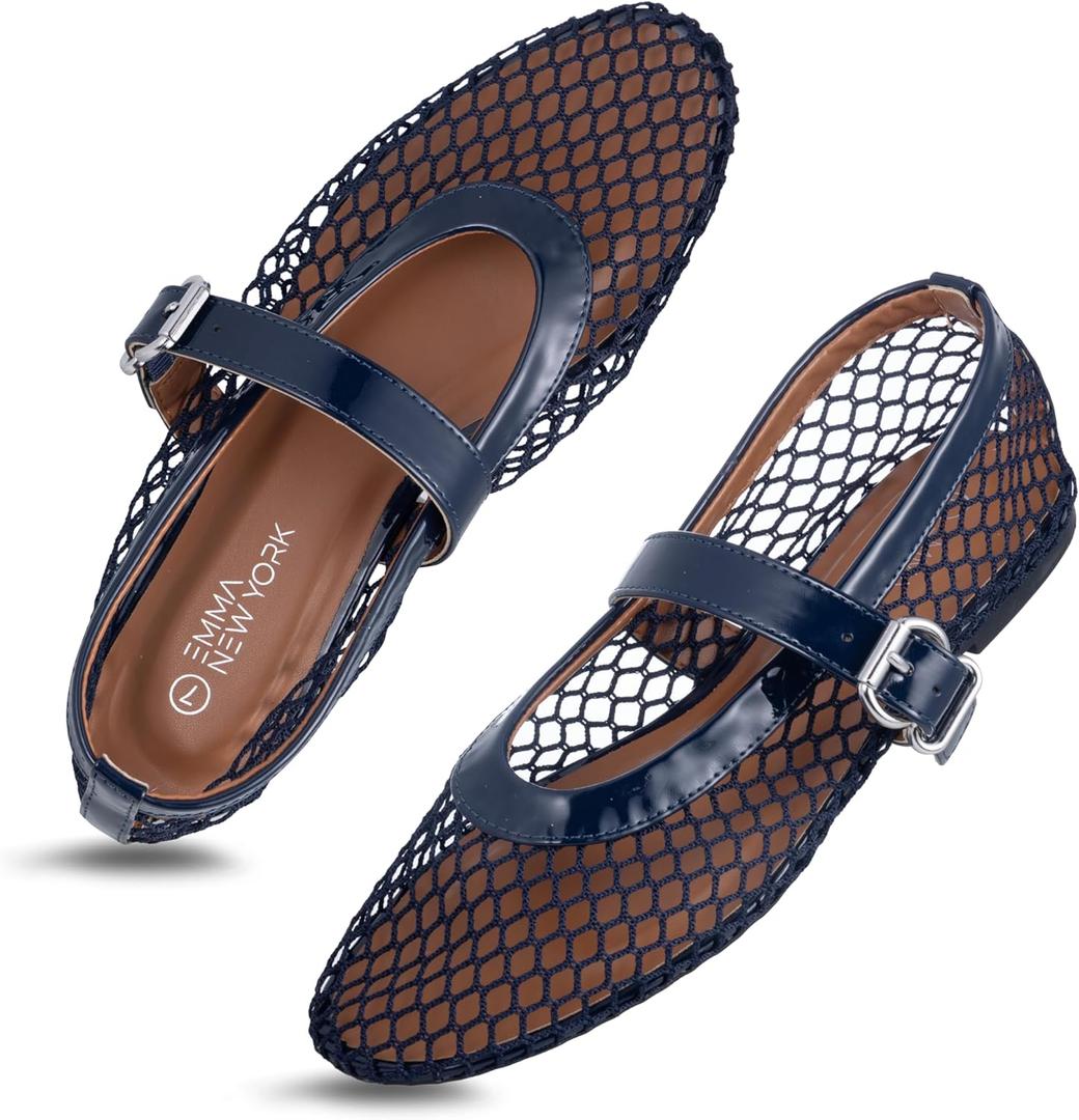 Womens Mesh Ballet Flats  Fishnet Mary Jane Flats with Adjustable Buckle Strap, Breathable & Stylish Ballerina Shoes (9, Navy)