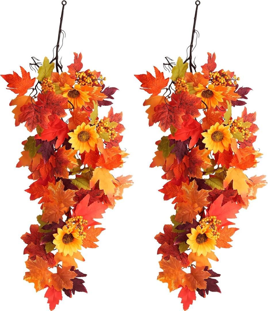 2Pcs Fall Hanging Maple Leaves Plants Fall Wall Decor Hanging Plants Artificial Decor for Autumn Outdoor Indoor Patio Garden Home Party Thanksgiving Fireplace Wedding Decoration