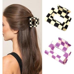 YUEELI 2 PCS Checkered Hair Claw Clips for Thin and Medium Fine Hair, Rectangle Hair Clips Y2K Hair Barrettes 90s Hair Accessories for Women, Black and Purple, Set of 4