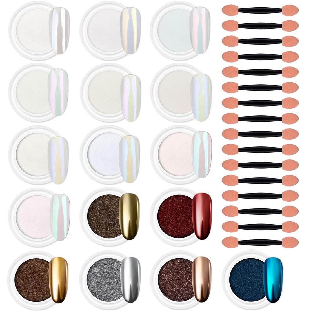 Artdone Chrome Nail Powder Magic White Pearl Kit Mirror Effect Silver Metallic Holographic Dip Nail Powder For Resin Craft & Nail Art Decoration (16 Colors Pearl And Chrome)