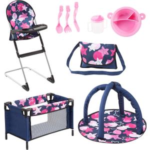Bayer 9-in-1 Doll Accessory Set with Travel Bed & Highchair - Perfect Toy for Dolls - Includes Plate, Utensils, Play Mat and More