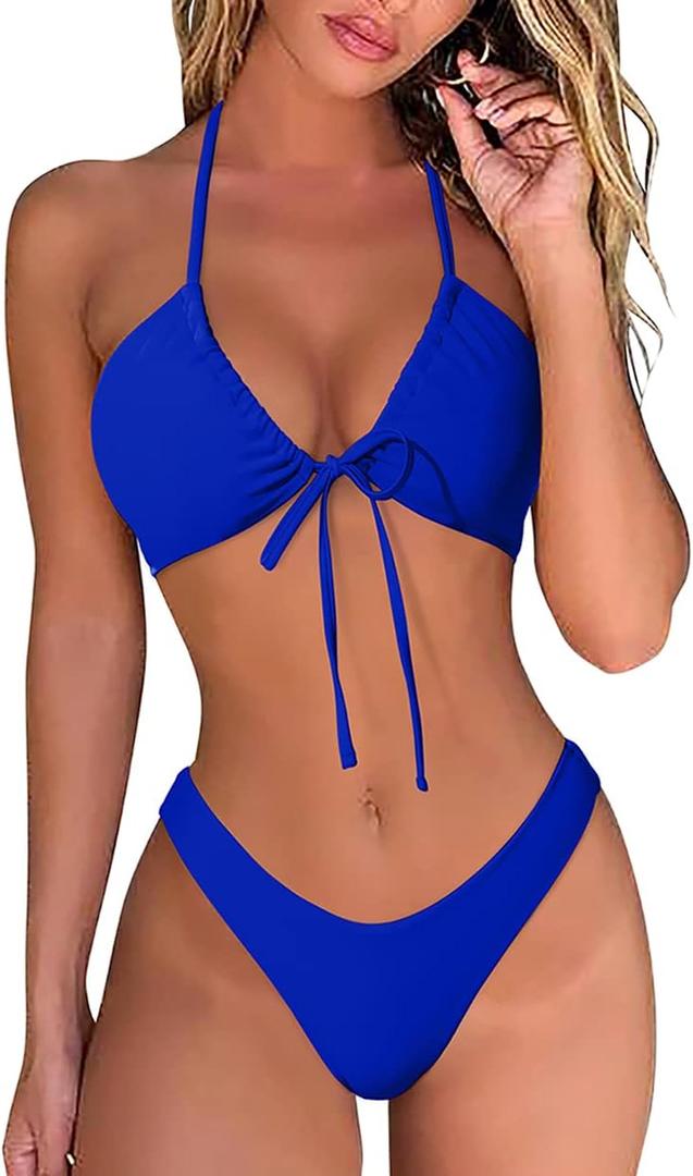 OMKAGI Women Sexy Thong Bikini Swimsuit Set Push Up String Brazilian Bathing Suits (Medium, Royal Blue)