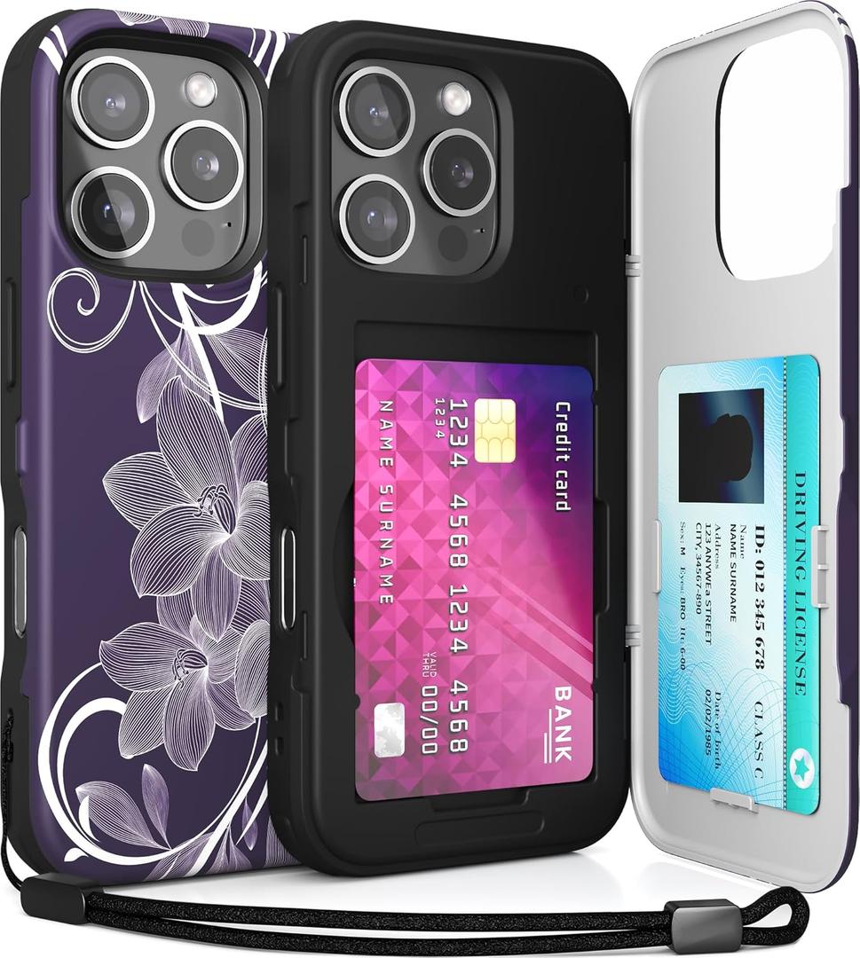 TORU for iPhone 16 Pro Wallet Case with Card Holder, Hidden ID Credit Card Slot Flip Kickstand, Slim Fit Shockproof Heavy Duty Phone Cover with Strap - Floral Pattern Flowers