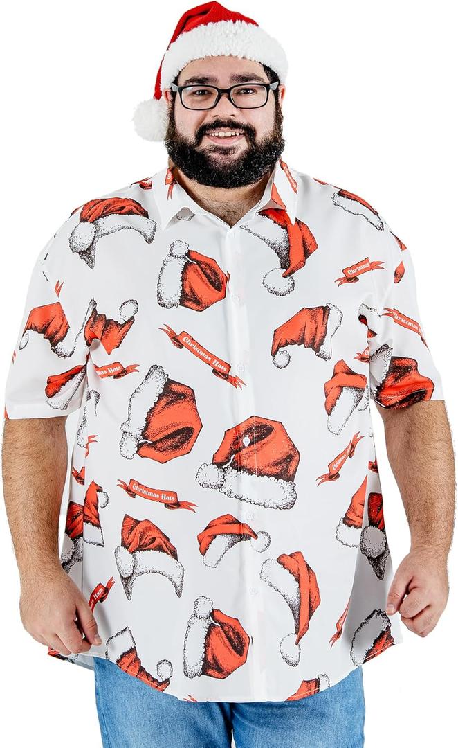 BRISIRA Big and Tall Christmas Shirts for Men Santa Hawaiian Vacation Short Sleeve Button Down Holiday Shirt Lightweight (3X-Large, White-christmas Hat)