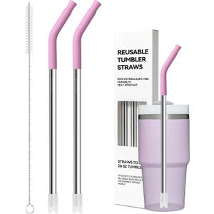 Metal Straws for Stanley Cups 14 oz & 20 oz,Replacement Stainless Steel Short Straw with Silicone Tip Reusable for Stanley Quencher H2.0 Small Tumbler,Dishwasher Safe,100% BPA Free(8.6 Purplish Pink)