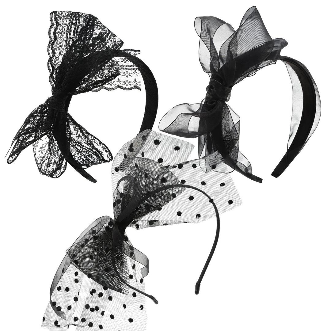 Hicarer 3 Pieces 80's Black Lace Headband with Bow 80s Theme Costumes Party Accessories Neon Lace Bow Headband for Women