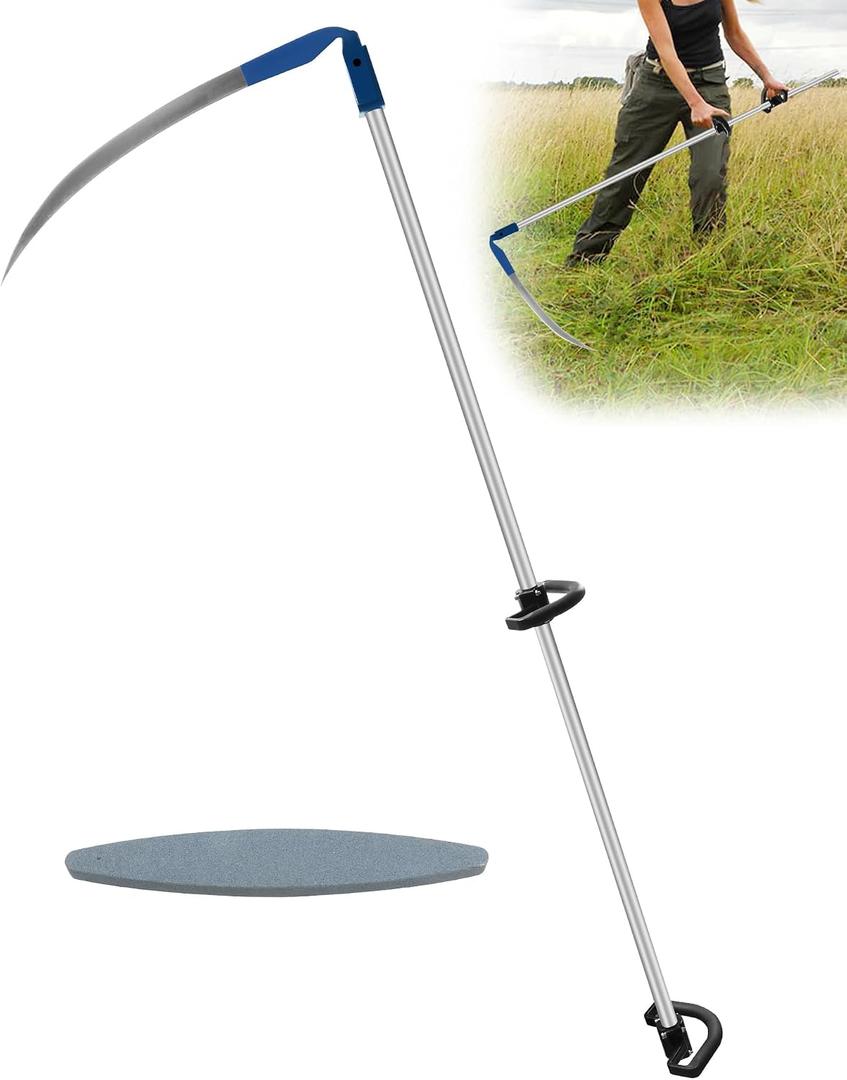 Scythe for Grass Cutting with Stone, Farming Tall Grass Cutting Lawn Long Scythe, 27"Heavy-Duty Steel Blade & adjustable Handle, for Grass Cutting, Weed Trimming, Lawn Care, Yard Maintenance