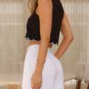 IDEALSANXUN Womens High Neck Linen Tank Tops Spring Summer Scallop Hem Cropped Sleeveless Shirts Blouses (Black, XL)