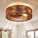 20" Flush Mount Caged Ceiling Fan with Light, Farmhouse Low Profile Ceiling Fan with Remote, Wooden Fandelier 6 Speed Quiet DC Motor, Reversible Chandelier Ceiling Fan for Bedroom Kitchen Living Room