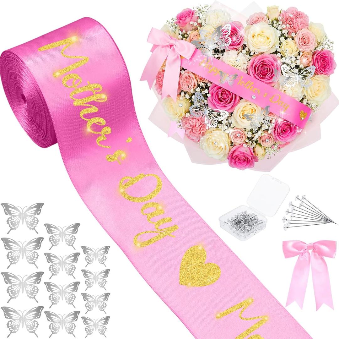 Zeyune 114 Pcs Mother's Day Ribbon and Flower Bouquet Accessories Includes 2 in x 5 Yard Glitter Happy Mother's Day Satin Ribbon, Silver Butterflies, Bow & Rhinestone Pins for Gift Wrapping Birthday