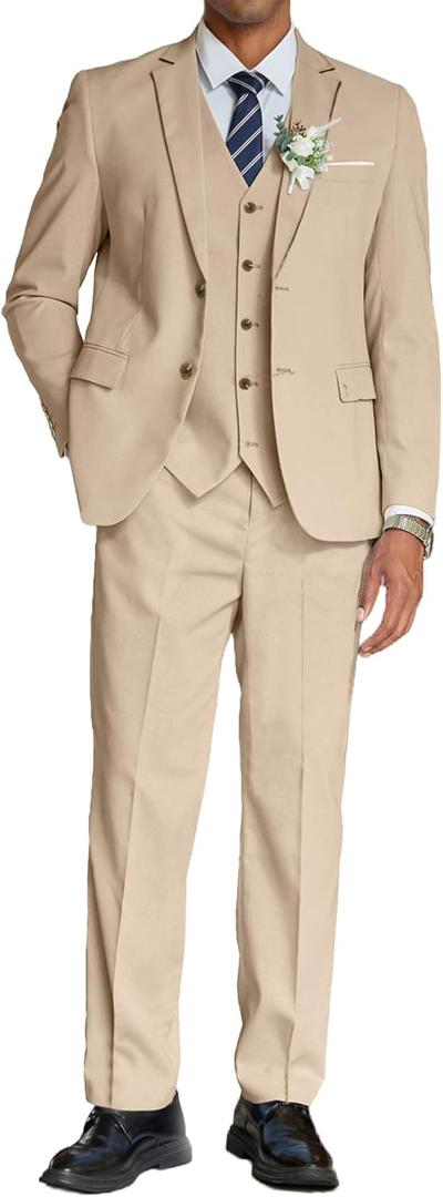 COOFANDY Men's 3 Piece Linen Suits Casual Lightweight Blazer Jackets Vest Pants Set for Wedding Business Prom (X-Large, Khaki)