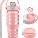 MUKOKO 32 oz Glass Tumbler with Straw,Glass Water Bottles with Time Marker,Iced Coffee Cup with 2 Lids-Handle Spout Lid&Straw Lid,Silicone Sleeve,Leakproof,1 Pack-Pink