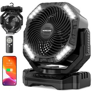 68HRS Running Camping Fan with Light, 20000mAh Battery Rechargeable, Powerful 4 Speeds & Auto Oscillating, Timer & Hook, for Travel Tent RV Emergency Hurricane Jobsite Garage, Co-Branded with AMACOOL (Black)