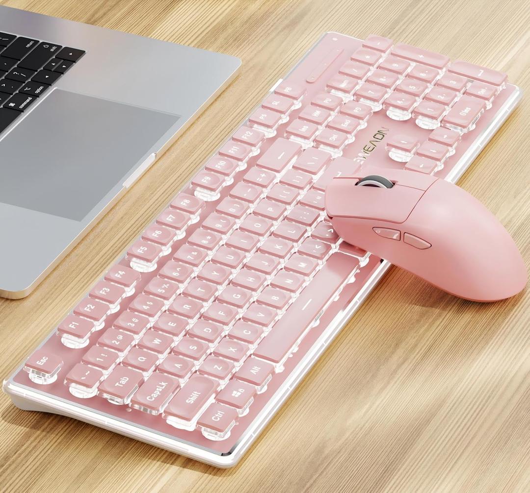 SEUNKWANG V3 Wireless Keyboard and Mouse with Single Backlit, Metal Panel, Bluetooth/2.4G Rechargeable Computer Keyboard and Mouse Combo Silent Lighted Full Size Cute Keyboards-Pink