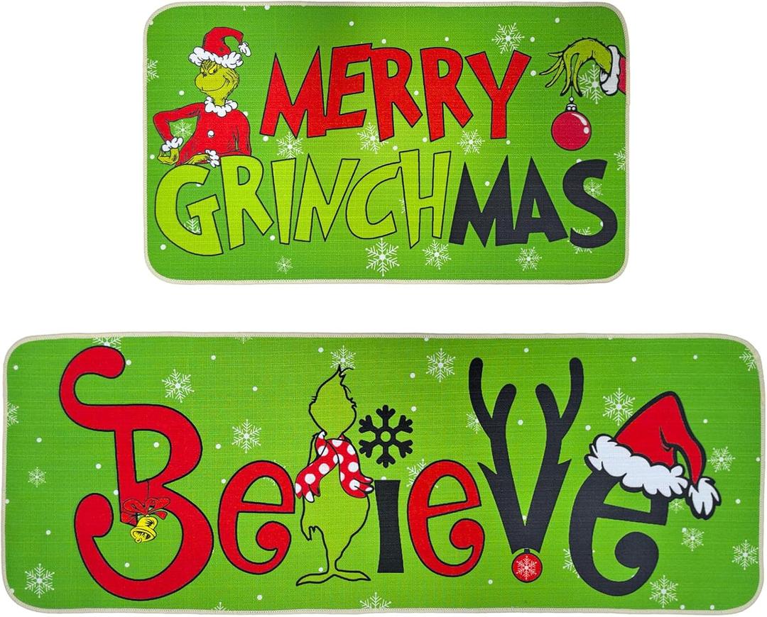 VKXO Christmas Kitchen & Bathroom Door Mats Set, Non Slip Runner Rug Xmas Holiday Home Decorations (Green A)
