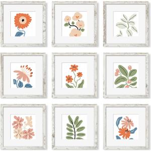 12x12 Picture Frame Set of 9, Photo Gallery Wall Frame Set, Display Pictures 8x8 with Mat or 12 x 12 Without Mat, Square Frame Picture Frames Collage Wall Decor, Distressed White