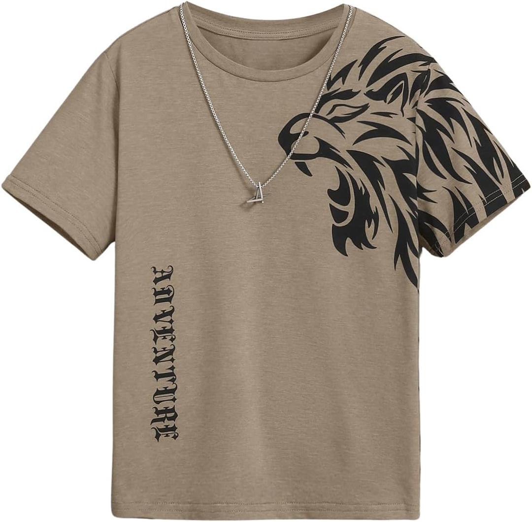 SweatyRocks Boy's Letter Print T Shirts Crew Neck Short Sleeve Graphic Tees Tops (Beige,13-14Y)