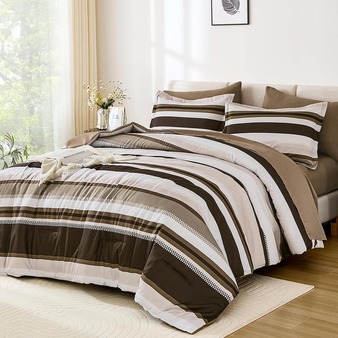 WONGS BEDDING King Size Comforter 7 Pieces, Brown King Comforter Set with Sheets, Striped Bed in a Bag Boho Lightweight Bedding Set for All Seaon (104"90")