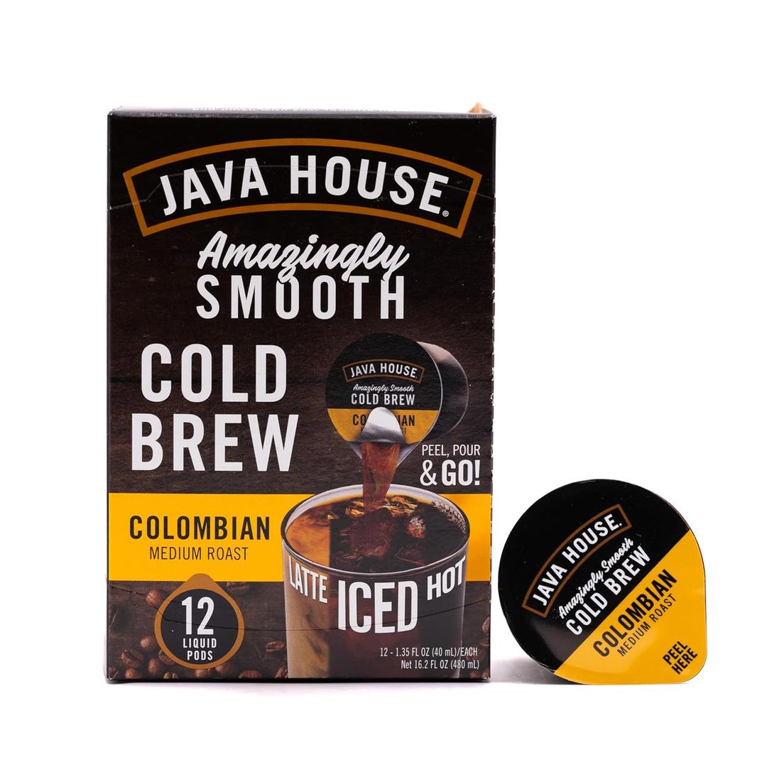 Java House Single-Serve Cold Brew Coffee Pods Premium 100% Arabica Liquid Concentrate Smooth & Bold Colombian Roast 12 Pods Ready Hot or Iced, Travel-Friendly, TSA Approved BB Date 31 Jul 2026