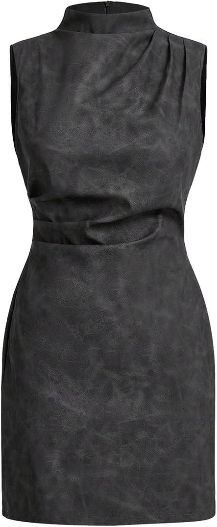 Women's PU Leather Ruched Bodycon Dresses Mock Neck Sleeveless Zipper Mini Tank Dress (Large, Dark Grey)