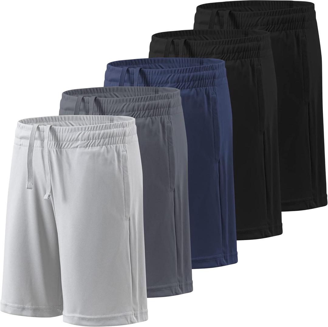BALENNZ Boy's 5-Pack Athletic Shorts Kids Youth Quick Dry Active Performance Basketball Shorts with Pockets Elastic Waistband (Large, 5 Pack Black,black,dark Grey,navy,light Grey)