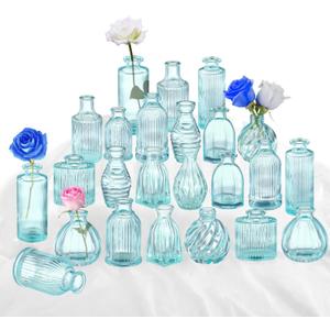 Bud Vases in Bulk 24, Blue Glass Vase, Small Vases for Flowers, Modern Ribbed Glass Bud Vase Wedding Flower Vase Blue Decor Baby Shower Party Centerpieces Home Room Table Decorations