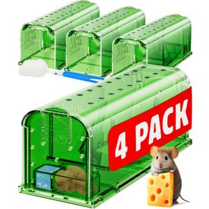Motel Mouse Humane Mouse Traps No Kill Live Catch and Release 4 Pack - Reusable, Easy to Use & Clean, No Touch Release, Sensitive Includes Cleaning Brush, Instruction Manual & Video - Mousetrap Indoor (Regular Green)