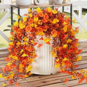 Artificial Fall Flowers Plants for Outdoor Indoor Decoration, 5Pcs UV Resistant Fake Fall Hanging Flowers, Look Real Faux Silk Long Vines Petunias for Porch Patio Yard Balcony Autumn Decor