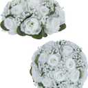BLOSMON White Flower Balls for Centerpieces: 2 Pcs Rose Babys Breath Artificial Flowers Centerpiece for Home Table Decor - Faux Silk Kissing Floral Arrangements for Wedding Party Event Decoration