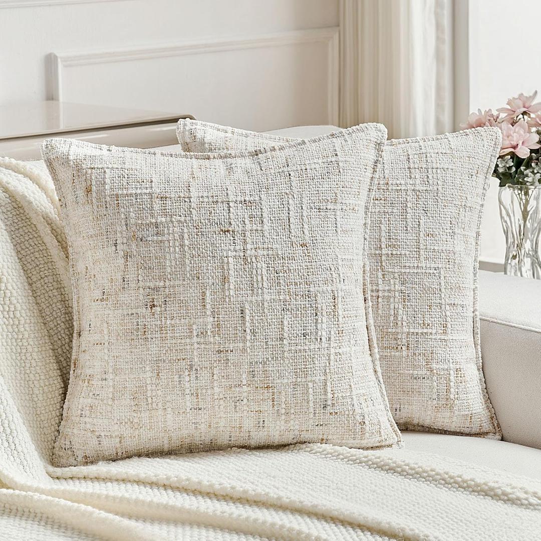 FUTEI Pack of 2 Chenille Tweed Vintage Throw Pillow Covers 16x16 Inch Soft Decorative Cushion Case Modern Farmhouse Accent for Couch Bed Living Room, Cream