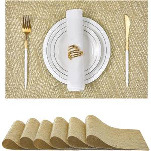 Leetaltree Gold Placemats Set of 6 - Heat Resistant Non-Slip Place mats for Dining Table, Washable Durable PVC Vinyl Woven Table Mats(Luxury Gold, 6)