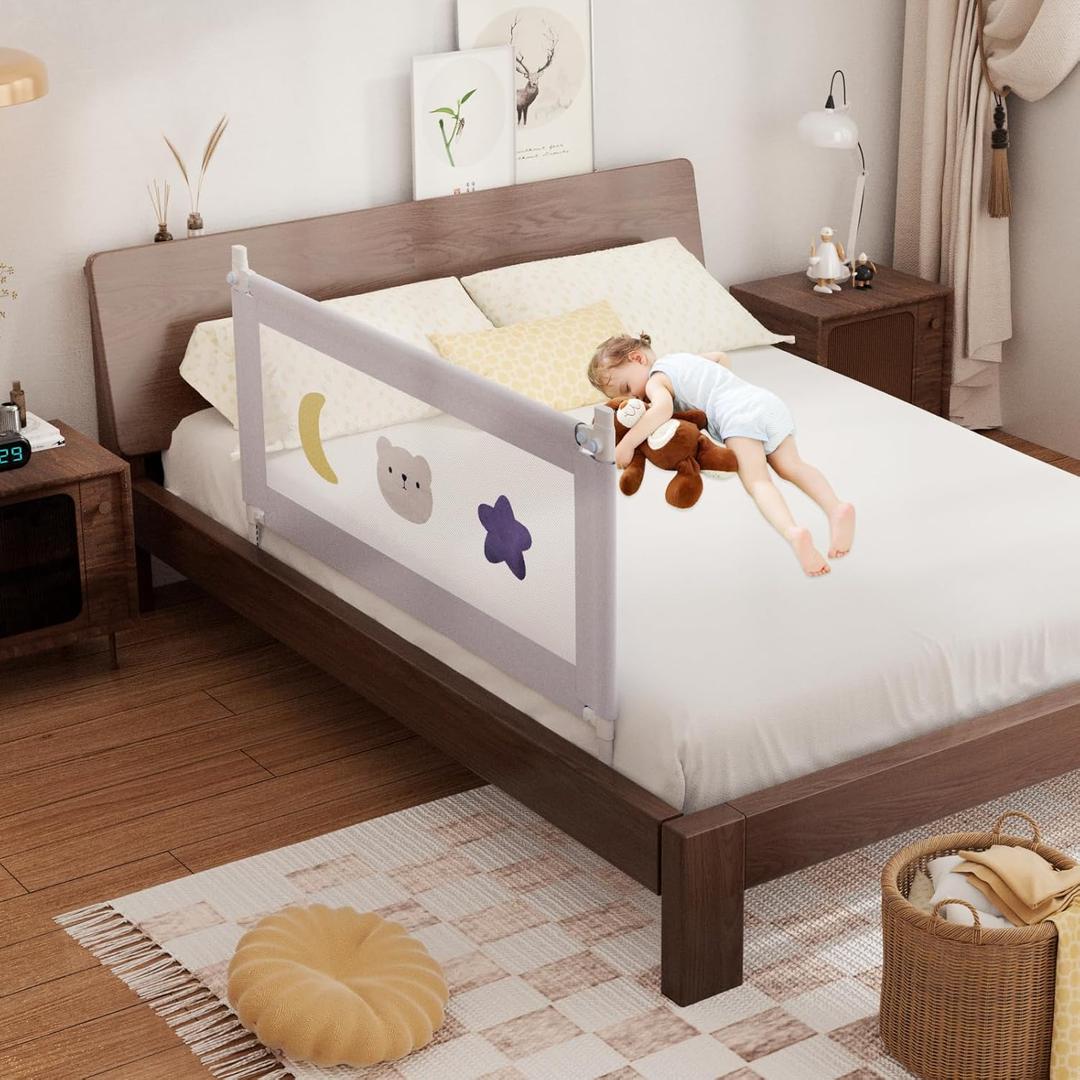 omzer Bed Rail for Toddlers - Toddler Bed Rails with Double Child Lock - Bed Rail for Baby Kids with Pattern - Height Adjustment Guard Rails for Full Size Bed - 1 Pack, 54 (1 Side (54 Inch, Grey))