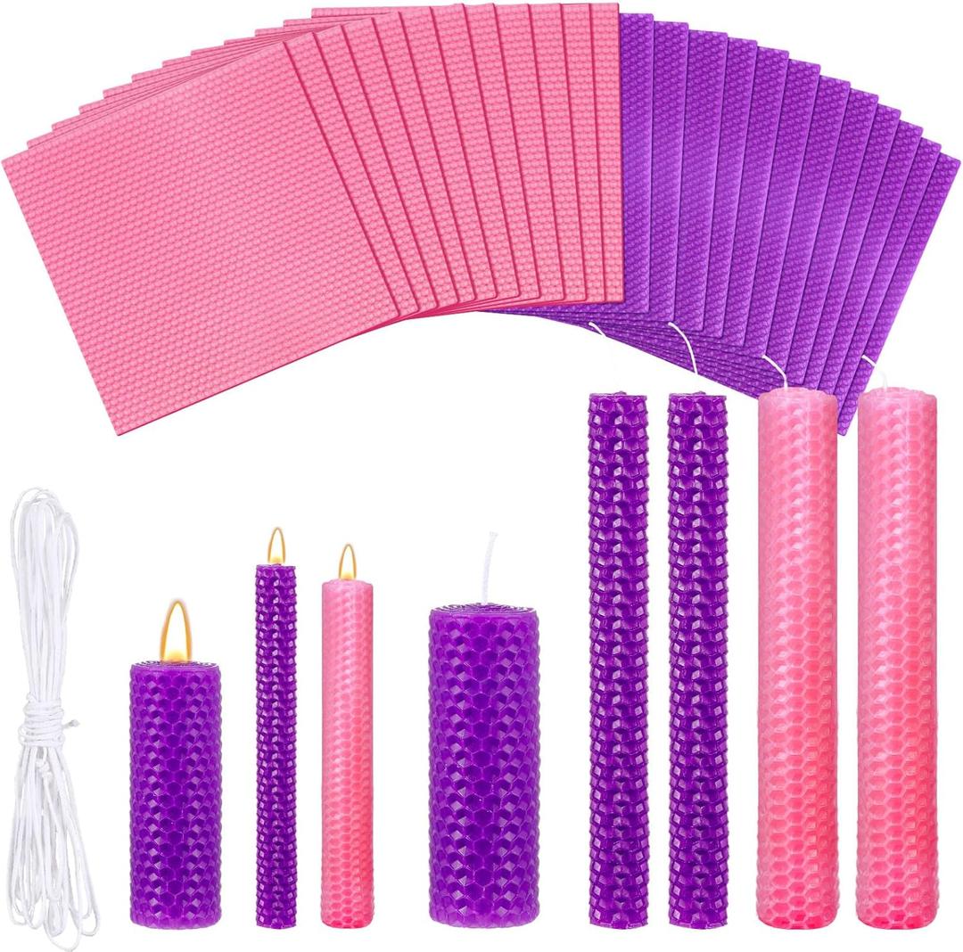 48 Pcs Beeswax Candle Making Kit Christmas DIY Taper Candle Set Include Beeswax Honeycomb Sheets and Cotton Wick Kit for Fun Project Family(8 x 8 Inches, Pink, Purple)