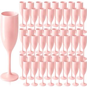 Pink Plastic Champagne Flutes 48pcs Unbreakable Wine Glasses | 5 oz Champagne Cups with Stem, Reusable Acrylic Goblets, Bulk Pack for Wedding, Party, Dinner, Mimosa Bar, Birthday, Outdoor
