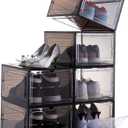 Attelite Shoe Box,Set of 6,Stackable Plastic Clear Shoe Box Organizer with Magnetic Door,Shoe Storage Box Thicken Sturdy,Easy Assembly,Fit up to US Size 12,Black