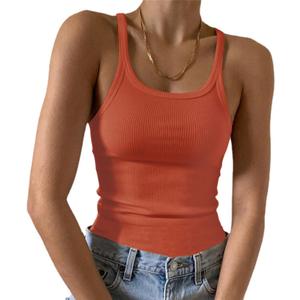 Artfish Women's Sleeveless Tank Top Form Fitting Scoop Neck Ribbed Knit Basic Cami Shirts (Medium, 02# Full Length Orange)