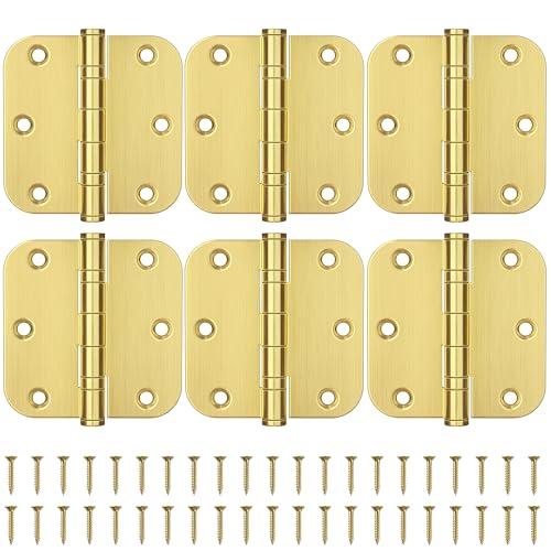 KOLET Ball Bearing Gold Door Hinges, 3.5 Inches Heavy Duty Stainless Steel Door Hinges, 5/8'' Radius Corner Hinges, Smooth and Quiet, Non Removable Pin, Satin Silver, 6 Pack