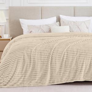 BEDELITE Full Size Blanket for Bed, 300GSM Soft & Warm Fleece Beige Blanket, Decorative and Giftable Striped Blankets for Women, Men, 84"x90"