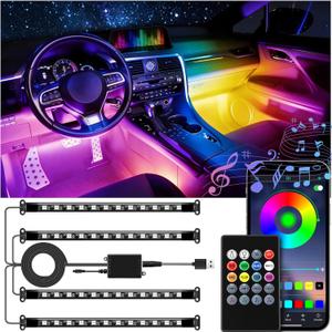 LivTee Interior Car LED Lights, Smart RGB Ambient Lighting with App & Remote Control, Music Sync & DIY Modes, 4-Line Separate Design LED Strip Lights, USB Powered, Car Accessories for Women