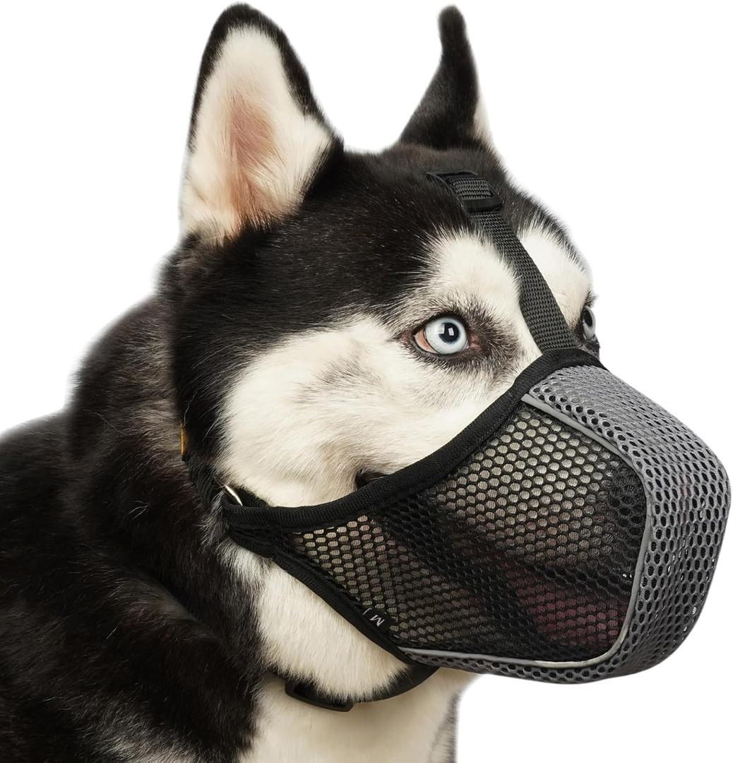 Mayerzon Dog Muzzle, Patented Mesh Soft Muzzles for Large Medium Small Dogs Poodle Husky Doberman Labrador Retriever for Scavenging Grooming Biting Chewing, Breathable Reflective Mussel with Collar (S-(Snout:8"-9"), Black/Grey)
